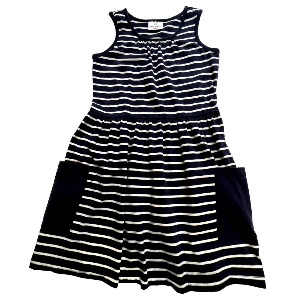 Hanna Andersson Fit & Flare Cotton Dress Navy Blue White Stripe Patch Pockets